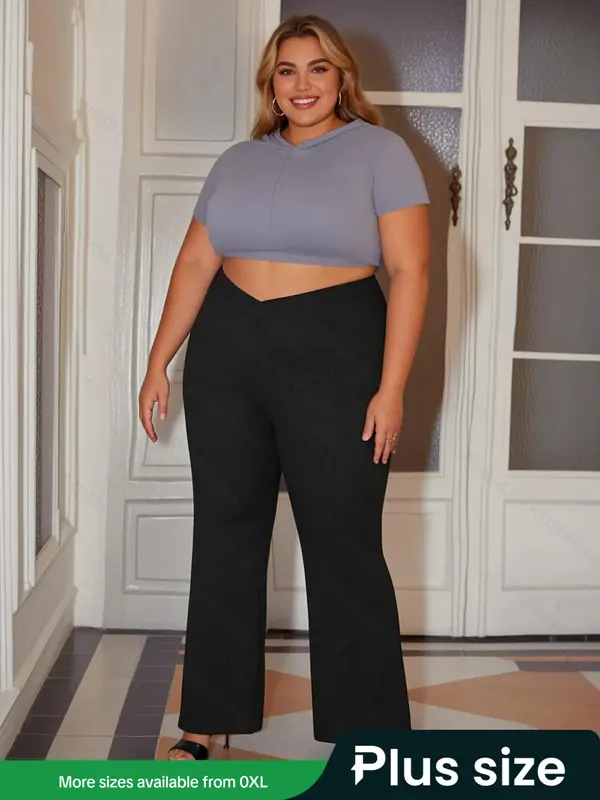 【Plus Size】 Solid Color Flare Leg Pants, Fashion Casual Comfy Bell Bottom Trousers for Daily Outdoor Wear, Women Plus Clothing for Summer 0