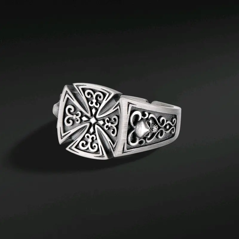 Cincin Elegan Desain Silver Graffiti Cross (Adjustable) Hadiah 0