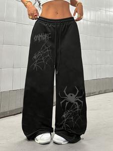 Pantalones de chándal para mujer con estampado gráfico de telaraña estilo Y2K, de pierna ancha y corte holgado con cordón, estilo streetwear para baile hip hop y uso diario