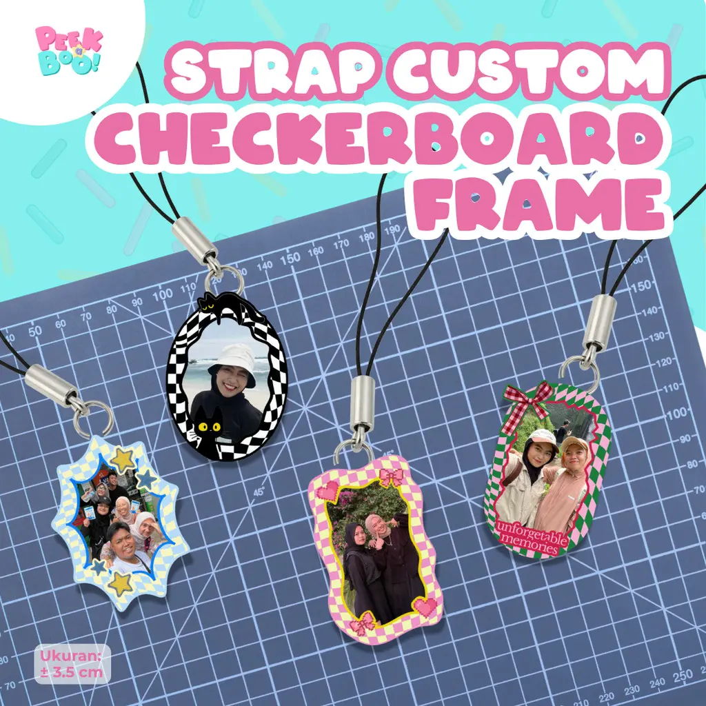 Peekaboo Phone Strap Custom Checkerboard Frame Acrylic Premium Gantungan Tali HP UV Print Aesthetic