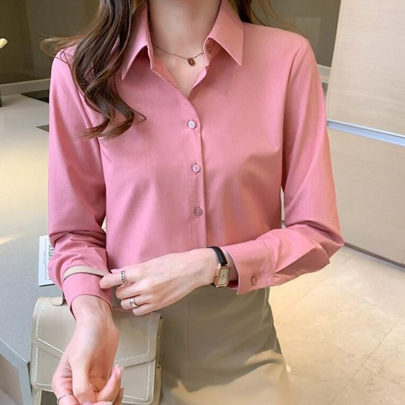 Kemeja Polos Wanita Korean Style Desain Minimalis Lengan Panjang Full Kancing Bahan Shakila Twill Anti Kusut 8