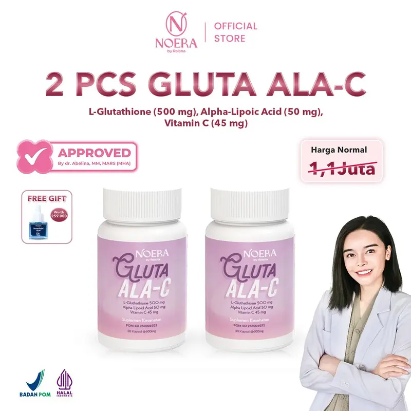 Noera 2 Pcs Gluta ALA-C FREE MOONLIGHT SERUM | Noera Suplement Whitening | Noera Whitening Capsule | L-Glutathione 500mg Alpha Lipolic Acid 50mg Vitamin C 45mg | Whitening Booster Suplemen Kecantikan l Free Moonlight Glow Oil 0