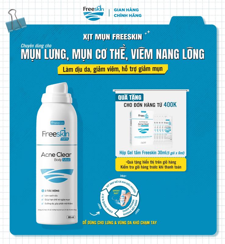 Xịt mụn lưng Freeskin cho mụn lưng, mụn cơ thể, viêm nang lông - Acne Clear…