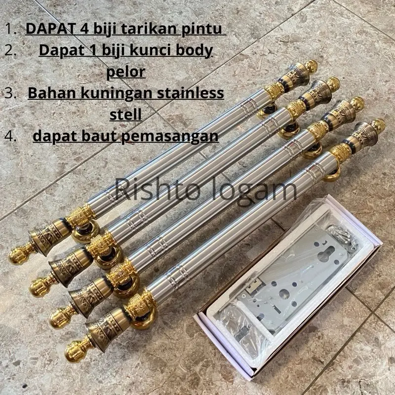 Paket 4 Handle pintu dan Kunciset gagang pintu rumah minimalis tarikan pintu rumah stainless pegangan pintu rumah kuningan model merak
