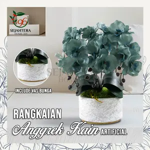 SEJAHTERA HOME Rangkaian Bunga Anggrek Kain Artifisial + Vas Minimalis Premium / Rangkaian anggrek lengkap vas / Kado Anggrek Kain + Vas Elegan Premium