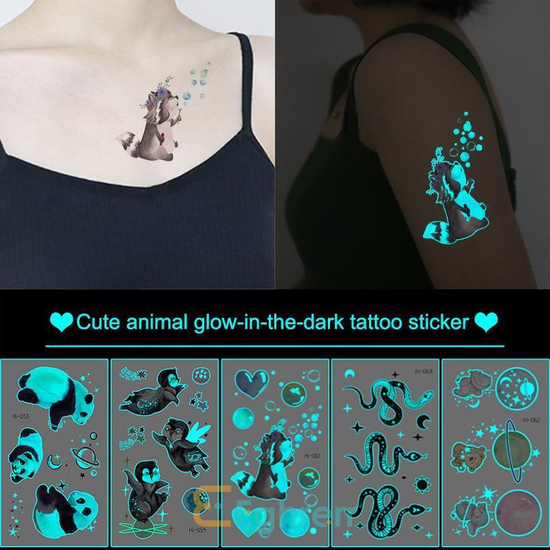 ✨EG-Blue Green Luminous Waterproof Cartoon Space Animal Tattoo Stickers Music Festival Face Stickers-Eghrerr 1