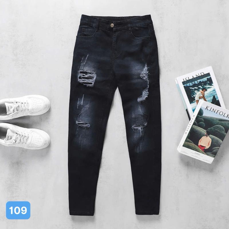  Quần jean nam   FREESHIP   109 Quần bò nam màu đen rách - Quần dài nam chất jean co giãn phong cách thời trang vá da trắng có lớp lót Menswear Pants Có Túi 