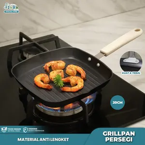 SINDA Square Grill Pan 20cm Alat Panggang Teflon Anti-Lengket Ideal untuk BBQ dan Masakan Sehat dengan Saluran Minyak dan Gagang Plastik