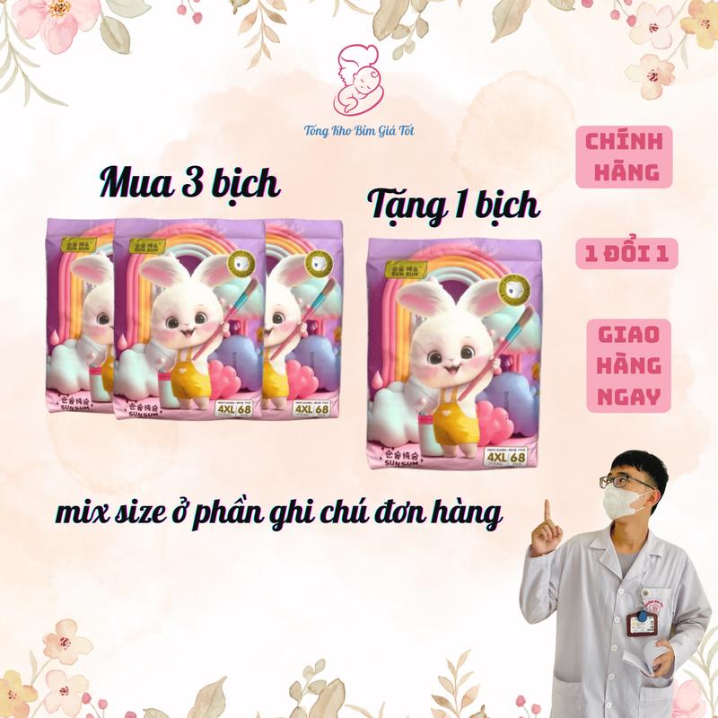 MUA 3 TẶNG 1 Combo 4 Bịch Bỉm Hàn Quốc Sun Sum Mềm Mỏng Thấm Hút Tốt Đủ Size Cho Bé Yêu
