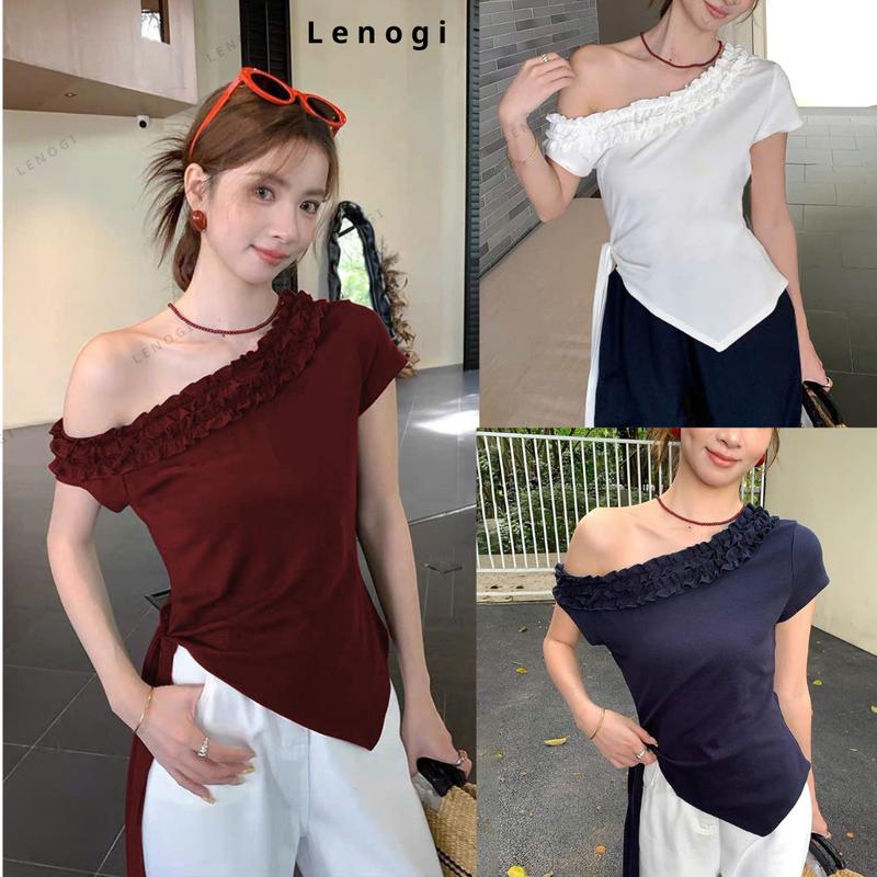 Áo thun nữ Trễ vai Lenogi Áo lệch vai bèo nhún hở vai Thắt nữ ôm dáng Thời trang