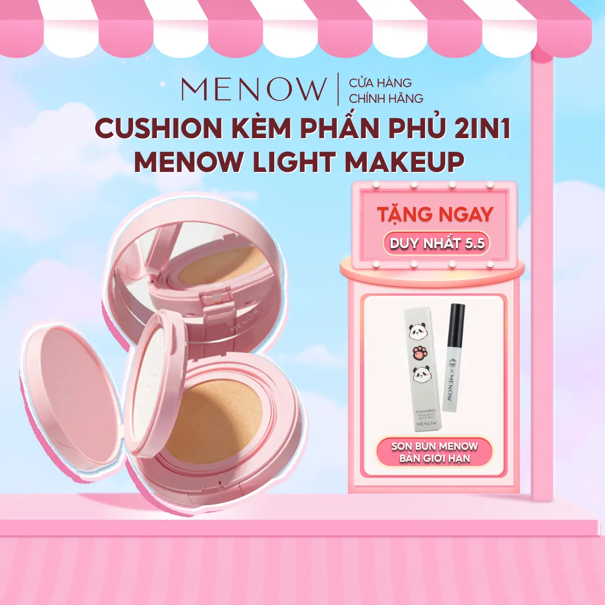 [MUA 1 TẶNG 1] Cushion kèm phấn phủ 2in1 Menow Light Makeup Cushion Powder Cream Pink Series 17gr [TẶNG 1 SON]