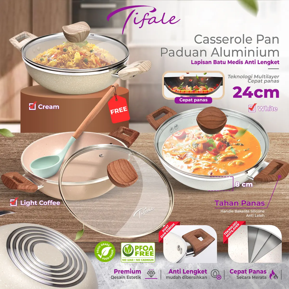 Tifale [Blythe] Series Casserole pan 24CM  Wajan Panci woody handle bakelite tutup kaca perlengkapan dapur Kitchenware Simple Multifungsi