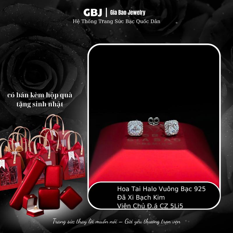 Hoa Tai Bạc Halo Vuông Viên Chủ CZ 5Li5 (chốt đẩy) XI KIM Sang Trọng Dành Cho Nữ GBJ1097