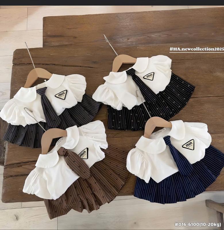 6-18kg Set Đi học có Cà Vạt cho bé gái Áo tay bèo Phối chân váy Xinh chất liệu mềm mại