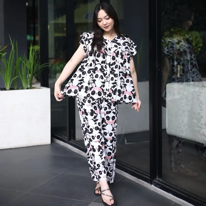 [DasterHitsMalang] One Set Aura Celana Panjang Lengan Rempel Lengan panjang Kancing Katun Rayon Baju Karet Wanita Setelan Pendek Motif Atasan Piyama 2