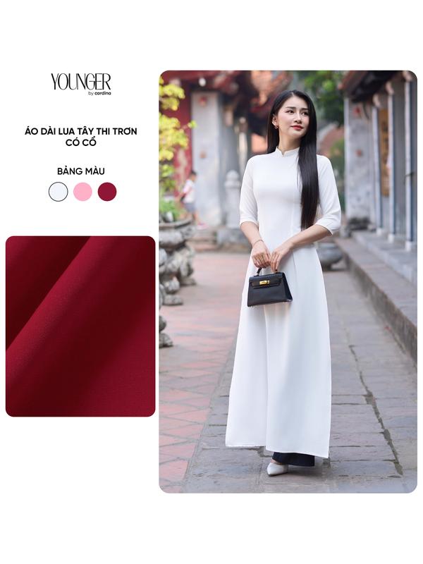 Áo dài nữ Younger By Cardina chất liệu lụa Tây thi trơn mềm mại kiểu dáng truyền thống dễ mặc cổ áo 2cm quần bán lẻ 5YADC02 5YQDR11