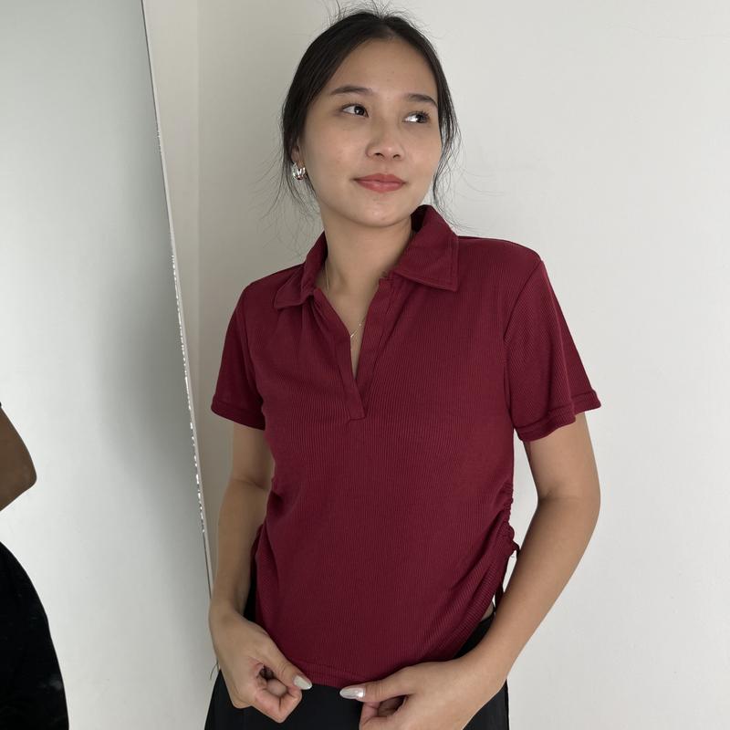 LAURA Baju Atasan Wanita - Crop Top Basic - Kaos Polo Berkerah Rib Polos - Knit Top Wangki Tali Serut 5