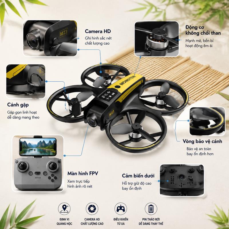 Flycam M23 drone FPV 1080P, gập gọn, màn hình trên remote, chống gió, động cơ…