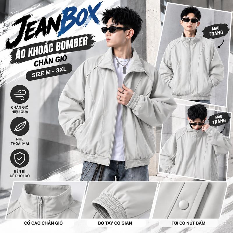 Áo Khoác Bomber JEANBOX E1 Gió Nam Nữ Màu Xám Cản Gió Chống Nước Cổ Cao Form Rộng,Form Rộng Basic dễ phối