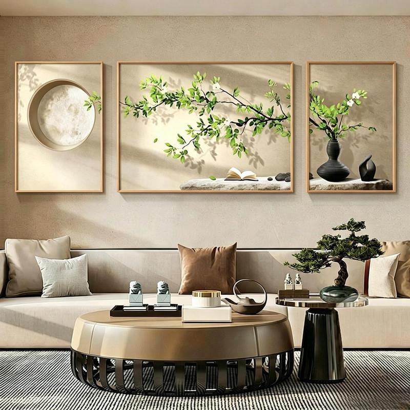 Tranh bộ 3 tấm treo tường phòng khách phong cách kem lá xanh, có khung…