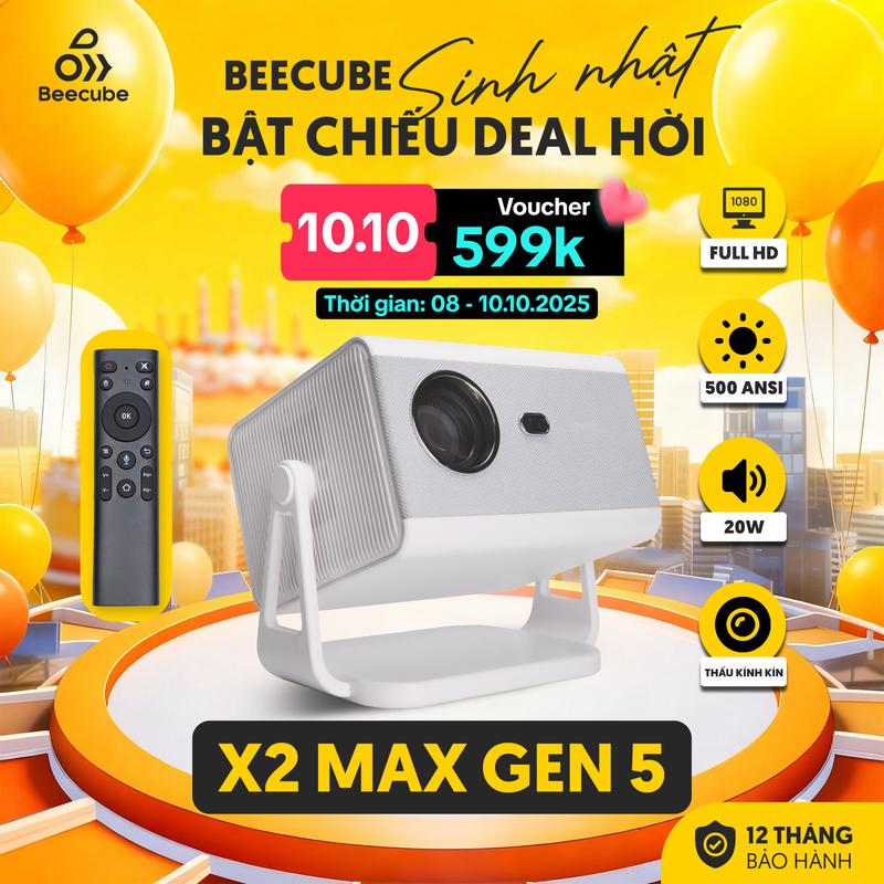 {BEECUBE HN} Máy Chiếu Mini Beecube X2 Max Gen 5 - Full HD hỗ trợ 4K - Bảo Hành 1 Đổi 1 Trong 12 Tháng, Máy Chiếu Tích Hợp Âm Thanh, Độ Sáng Cao