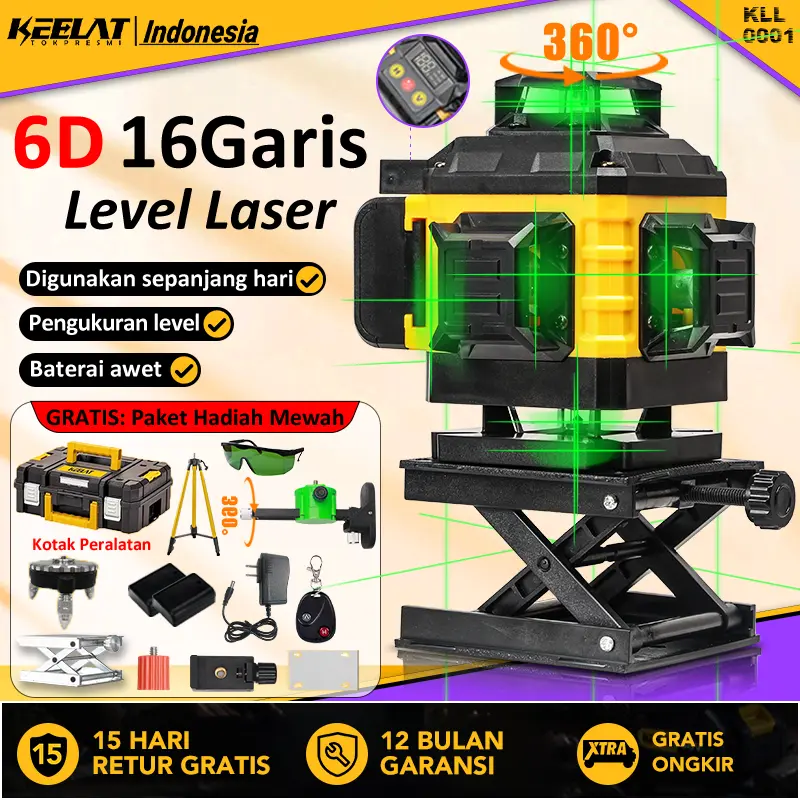 【Keelat Garansi 12 bulan】 Laser Level  4D 16Lines/12Lines Adjustable 360° Rotary Cross Auto Measuring Self Leveling Tool
