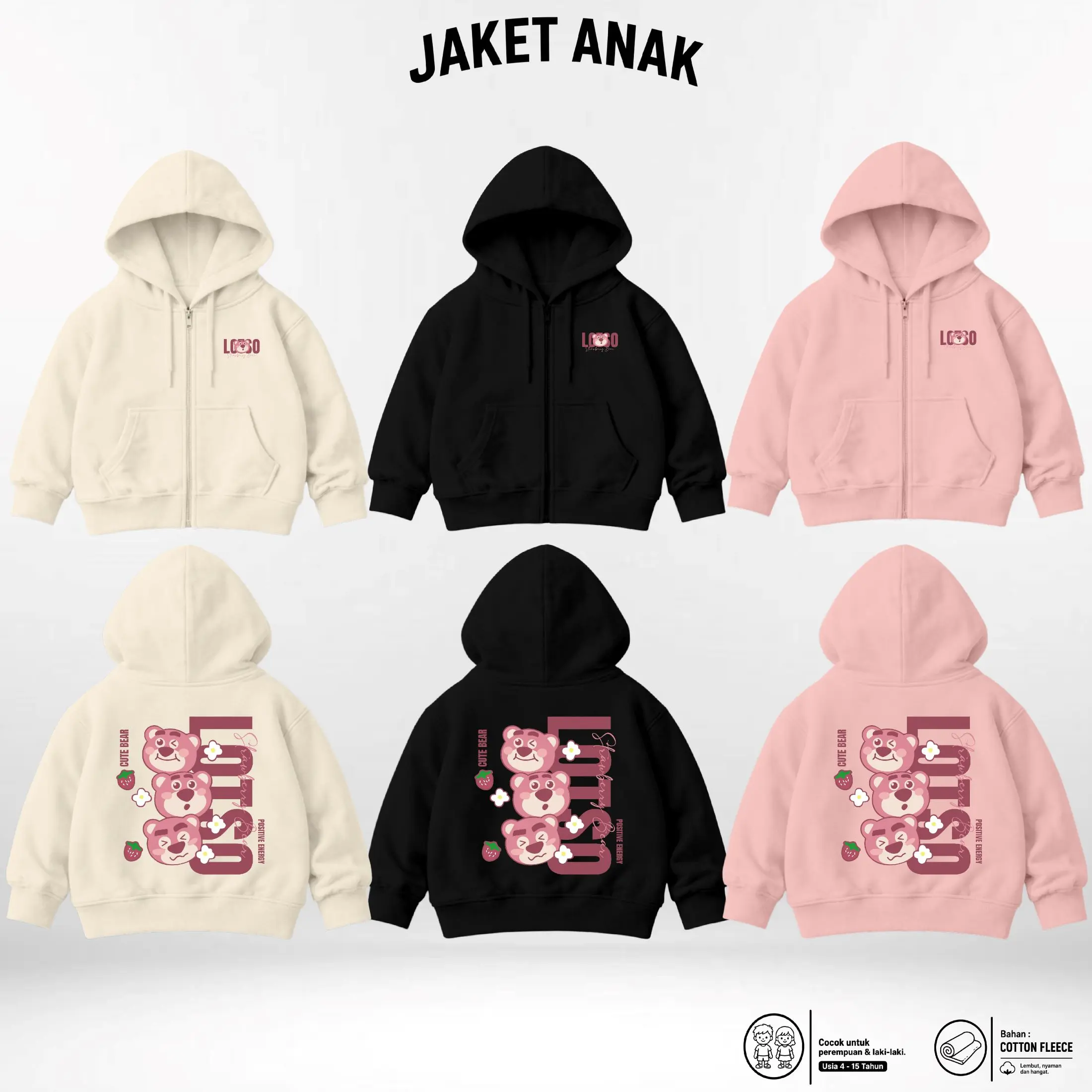 Jaket Hoodie Zipper [BEXLEY] Positive Lotso anak Laki-Laki & Perempuan Usia 4 - 15 Tahun