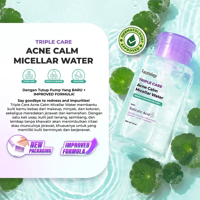 (FLASH SALE) Facetology Bundle Triple Care Micellar Water dan Facial Gel Cleanser 100ML untuk Kulit Wajah Berminyak & Berjerawat, Acid 1