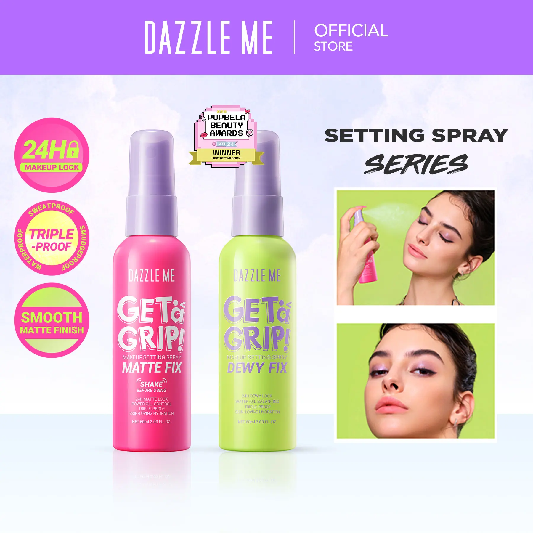 [EXCLUSIVE DAPAT 2PCS] DAZZLE ME Get a Grip! 2PCS Makeup Setting Spray Dewy Fix Matte Fix Acne Soothing Beauty Protecting 4X Hydrating Flawless Lightening Primer Water Tahan 24 Jam