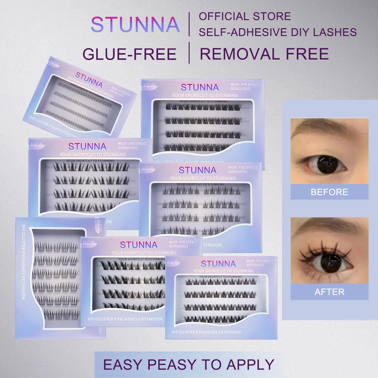 STUNNA DIY Eyelash Extensions Reusable Doll Eye Lashes Self-adhesive 【NO NEED GLUE AND REMOVER】13-16mm D Curl 48 Clusters Lashes, 【Beginner Friendly】