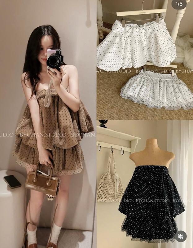[M21] Set áo quây bèo tầng kèm chân váy chấm bi phong cách nàng thơ 2025