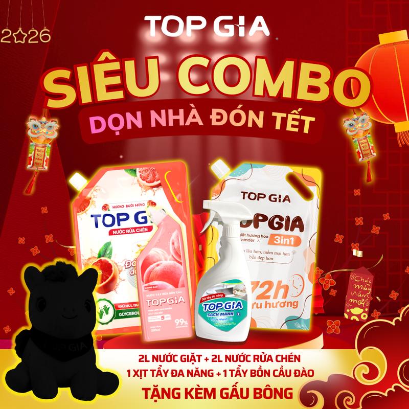   COMBO DỌN NHÀ ĐÓN TẾT - TẶNG GẤU BÔNG  Combo 1 Túi Nước Giặt 2L Hương Lavender + 1 Chai Tẩy Bồn Cầu Hương Nho + 1 Chai Xịt Tẩy Đa Năng + 1 Túi 2L Nước Rửa Chén Hương Bưởi - Dọn Dẹp Toàn Diện - Topgiaclean 