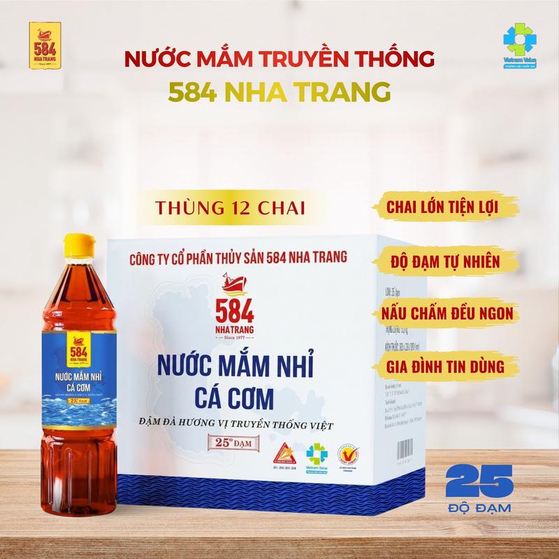 Nước mắm 584 Nha Trang Dòng Gia Đình, 25 độ đạm - Nấu & chấm - Thùng 12 chai nhựa 1 Lít P1025-12