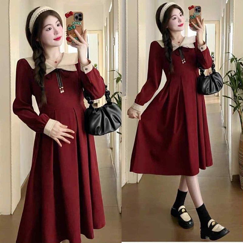  Váy  Bầu Đầm Bầu Thu Đông Dài Tay Màu Đỏ Thiết Kế Công Sở Dự Tiệc Đi Chơi Du Lịch Siêu Sang 