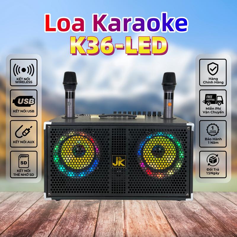 JK-K36 Loa Karaoke 400W Di Động Nghe Nhạc Xách Tay Bluetooth LED tạo hiệu ứng 8 chế độ Loa ngoài trời Loa gia đình 2 Micro không dây 3 Đường Tiếng - Bass 17cm x 2 Mid x 3 Treble x 1 Bảo Hành 12 Tháng