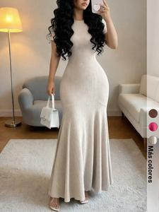 Vestido maxi de punto acanalado para mujer, 1 pieza; manga corta, cuello redondo, ceñido estilo sirena, tejido elástico y transpirable, ajuste favorecedor, largo ideal para citas, fiestas, boda, elegante, moderno, minimalista.
