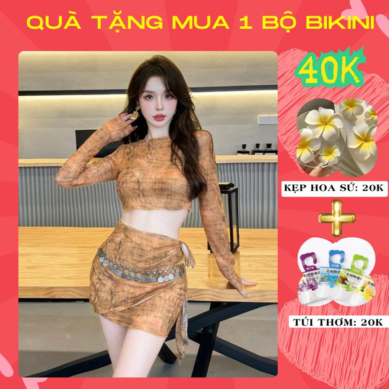 [Không có charm] Đồ bơi kín đáo đi biển du lịch cho nữ bikini 2 mảnh set 4 món áo có mút kèm quần áo dài tay và chân váy loang nâu 3004 C3