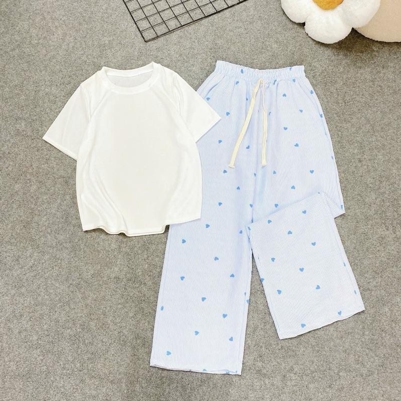 Set Bộ Bigsize Trẻ Trung (CÓ LẺ QUẦN / ÁO), Quần Suông Sọc Phối Tim Lưng Cao Mix Áo Babytee Vải Gân Tăm Qc Cao Cấp Mặc Nhà, Đi Cafe, Đi Chơi Thoải Mái (50-92Kg)- G244 Q566