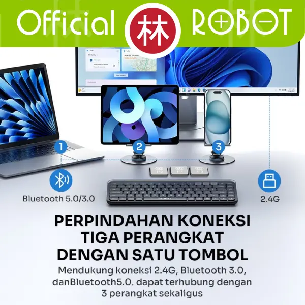 Robot KB30 Keyboard Bluetooth 3.0 + 5.0 + Wireless USB 2.4G Multi Device up to 3 Devices with Holder for Tablet Tab Phone New KB10 3