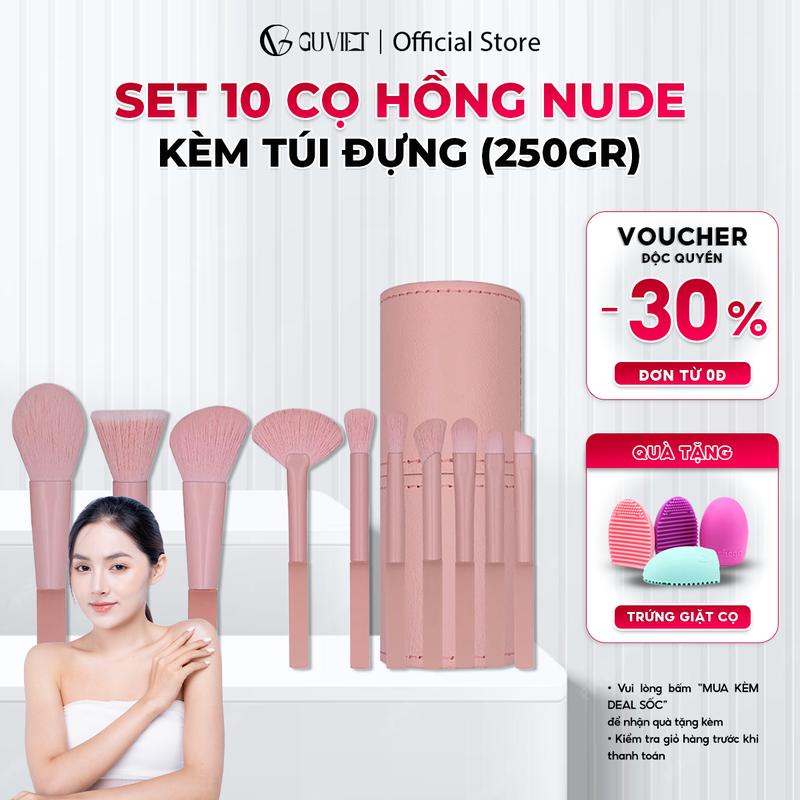 Bộ cọ trang điểm cá nhân GUVIET  Cosmetic  kích cỡ mini màu Hồng nude gồm 10 cọ kèm theo túi đựng hoặc ống cắm cọ