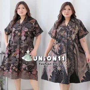 Union11 - Dress Wanita Jumbo Big Size Ld 126 /  Muat Bb 100 Kg / Wolfis Motif Batik Asoka