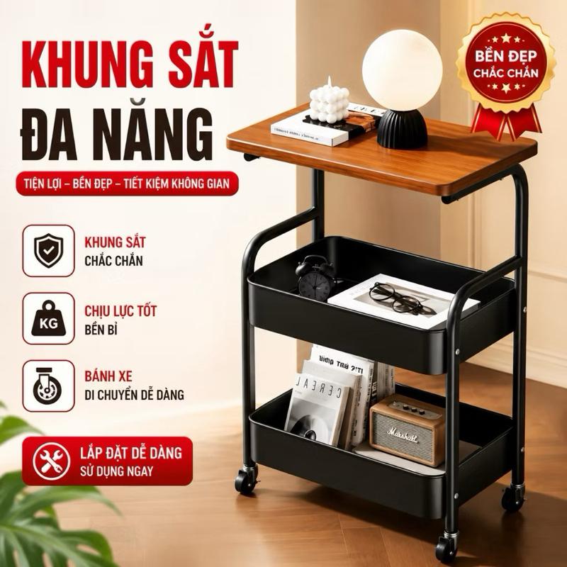 PTLUXURY Kệ Để Đồ Đa Năng 3 Tầng Mặt Gỗ Sơn Tĩnh Điện Khung Sắt Chắc Chắn Bánh Xe Di Chuyển Linh Hoạt Tiện Lợi Bền Đẹp