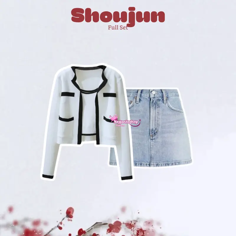 Setelan Shoujun Outfit { Cardigan Tanktop Putih + Rok Jeans Pendek } One Set Korean Style 4