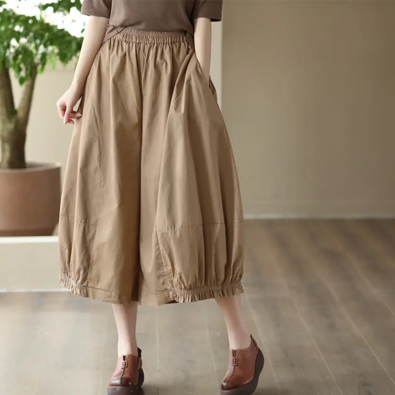 2024 Spring Fashion Solid Color Leisure Bloomers Pantskirt Retro Artistic Loose Slimming Elasticated Waist Cropped Pants Trouser Womenswear