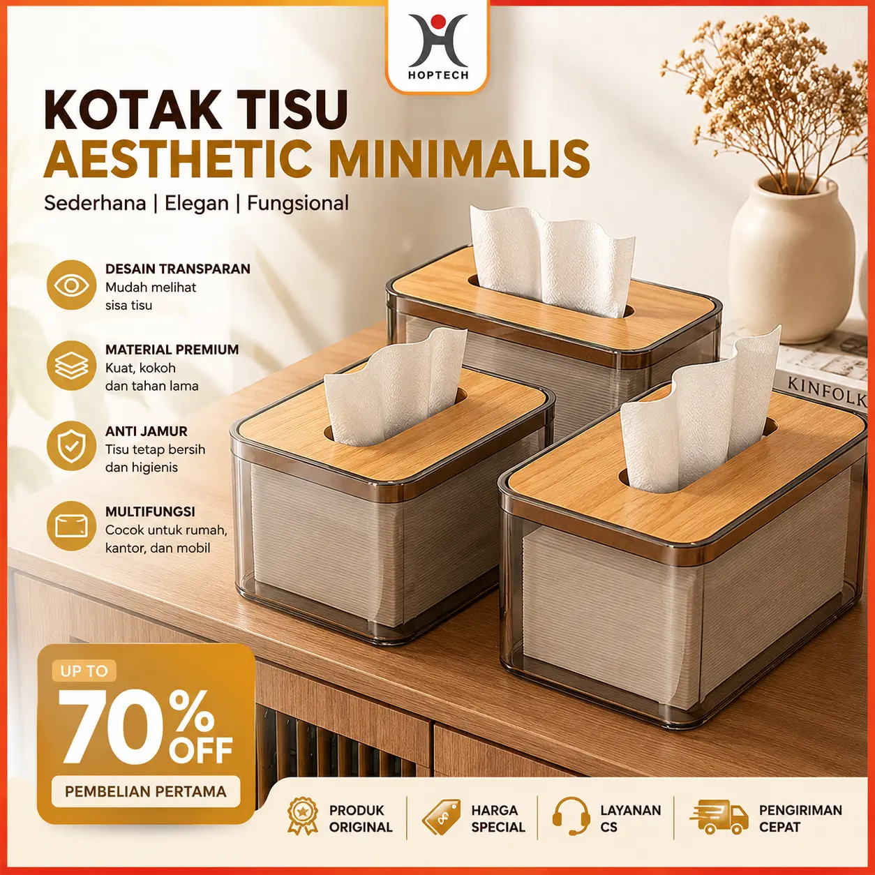 Tempat Tisu Aesthetic Kotak Tisu Kayu Transparan Kotak Tissue Kamar Mandi Dapur Tempat Tisue Organizer Modern
