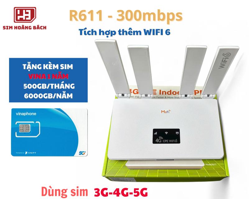 Tặng sim Vina U1500 1 NĂM 6000GB Bộ Phát Wifi 4G 5G R611 - 300Mbps - Tích Hợp Wifi 6 4 ăng ten 5dBi - Hỗ trợ 16 thiết bị - Dùng sim 3G 4G 5G - Hoạt động 24 24