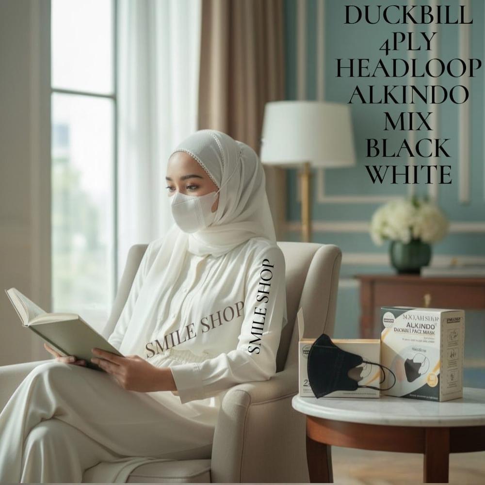 MASKER DUCKBILL ALKINDO 4PLY HEADLOOP/ HIJAB BLACK WHITE 1BOX ISI 50 PCS - DUCKBILL WHITE 1BOX 50PCS 4PLY ALKINDO HIJAB