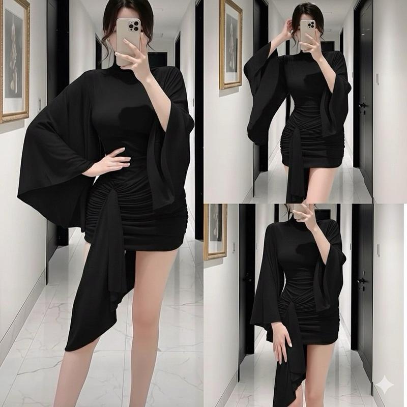  D1026  CÓ BIGSIZE  Đầm body XUYÊN THẤU tay dài phối tà chéo  tặng kèm áo ống  