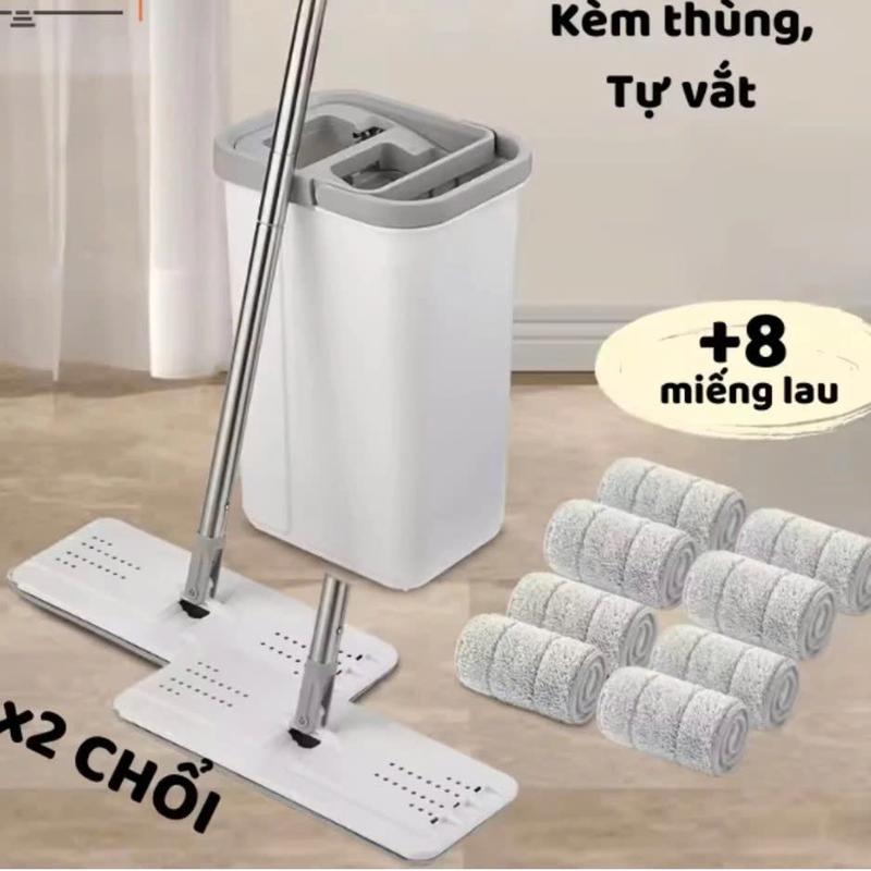Bộ Lau Nhà Tự Vắt Tách Nước Bẩn Tiện Lợi, Bộ Cây Lau Nhà Tự Vắt Thông Minh Gồm 1 Thùng 2 Cây Lau 8 Bông Lau, Đầu Xoay 360 Độ Cán Inox