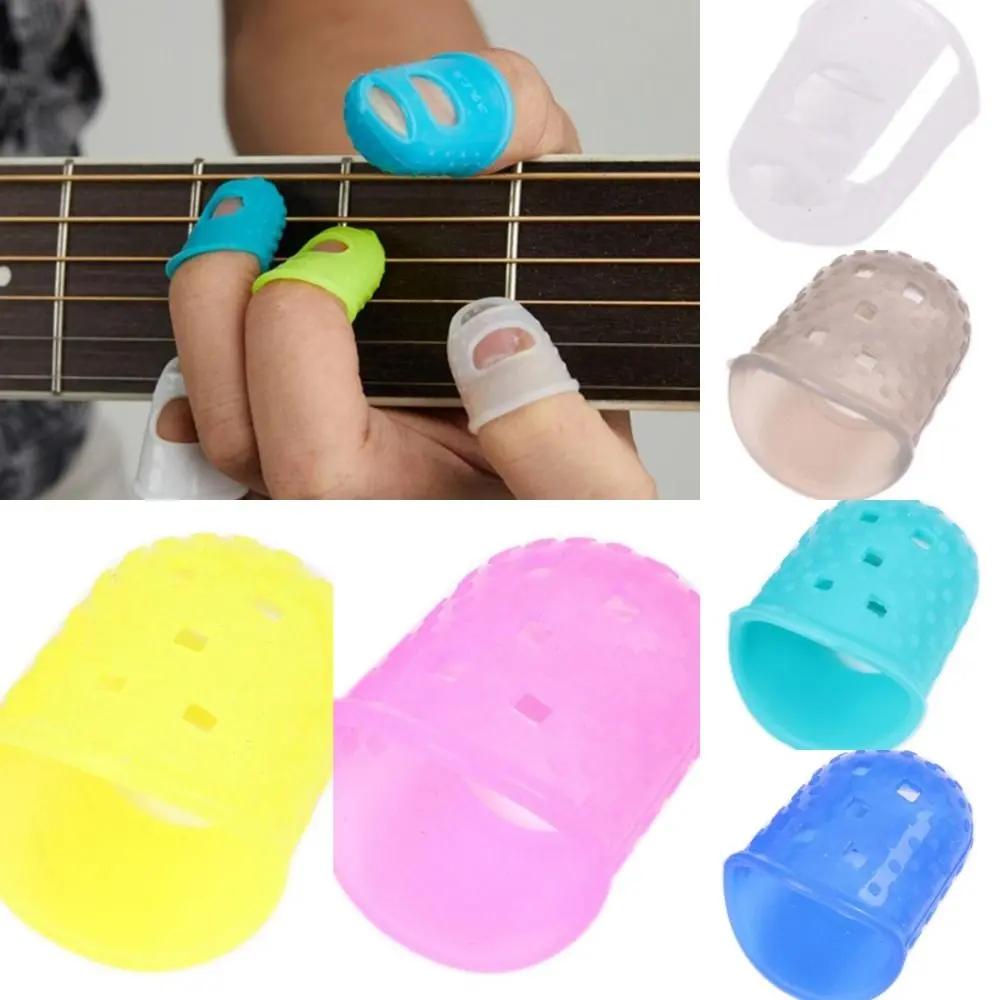 4pcs/set Soft Non-Slip Guitar Fingertip Protectors Solid Color Rubber Thimble Silicone Finger Guards Guitar Accessories Sewing Cooking Tool Unisex